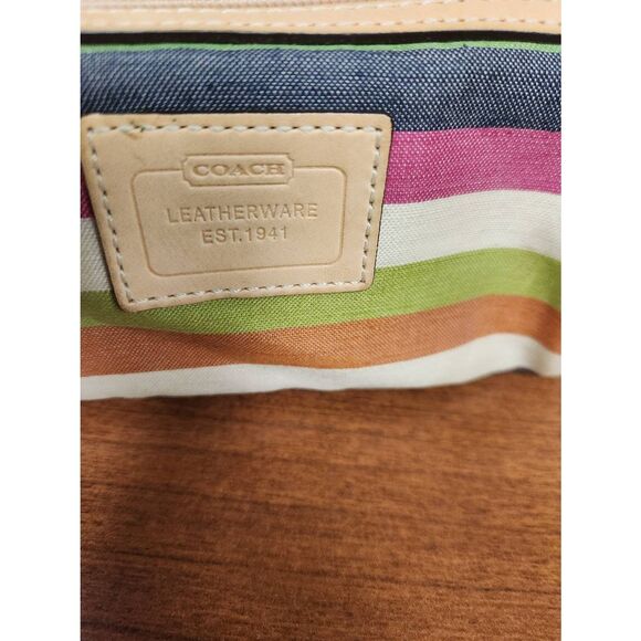 COACH Vintage Stripe canvas and leather trim Makeup Bag with 2 charms (PF) - Picture 2 of 11